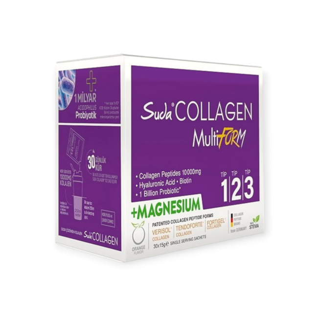Suda   Collagen Multiform Magnesium 450 g | 30 Sachets – 10.000 mg Collageen Type I-II-III met VERISOL®, FORTIGEL®, TENDOFORTE®, 250 mg Magnesium, Hyaluronzuur, Vitamine C, Zink & Biotine