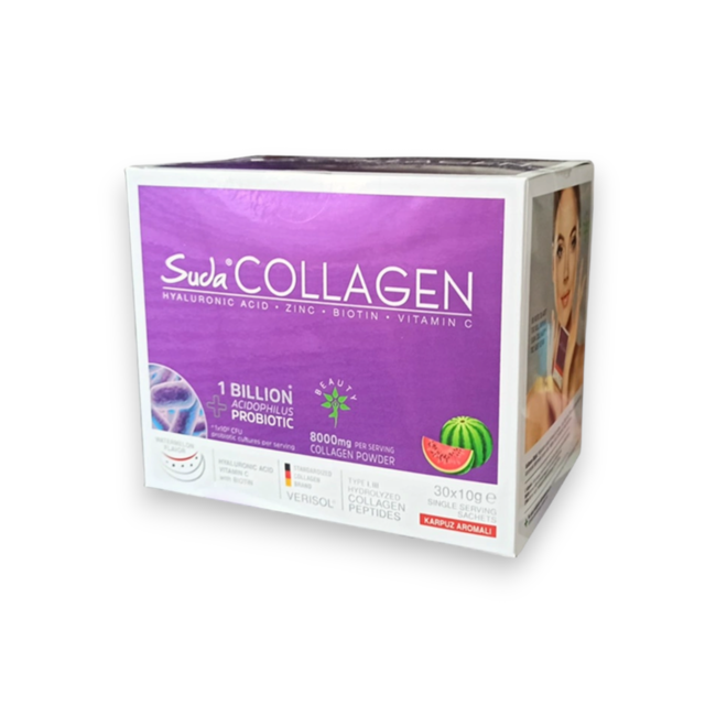 Suda   Collagen +Probiotic Karpuz AromWatermelon Flavored Collagen Single Sachet biedt de beste combinatie voor schoonheid en gezondheid. Verrijkt met 8000 mg collageenpeptiden en 1 miljard probiotische micro-organismen per portie, is het een eenvoudig te gebrui