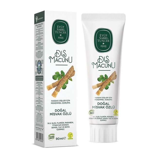 Eyup  Sabri Tuncer Dentifrice Naturel au Miswak 90 ml – Avec Miswak, Menthe Poivrée & Eucalyptus – Sans Fluor, SLS, Parabènes, Dioxyde de Titane ni Colorants