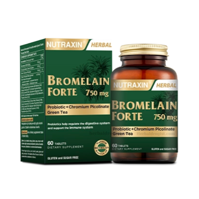 Nutraxin   Bromelain Forte 750 mg – 60 Tabletten mit Grüntee-Extrakt, Chrom & Bakterienkulturen