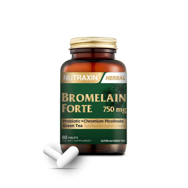 Nutraxin   Bromelain Forte 750 mg – 60 Tabletten mit Grüntee-Extrakt, Chrom & Bakterienkulturen