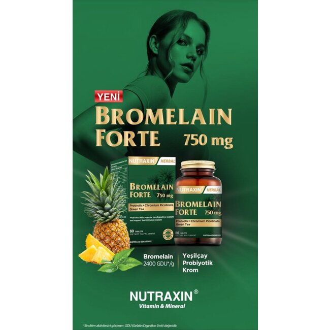 Nutraxin   Bromelain Forte 750 mg – 60 Tabletten mit Grüntee-Extrakt, Chrom & Bakterienkulturen
