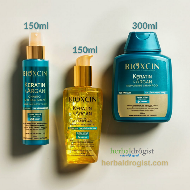Bioxcin Set 3 pièces Keratin & Argan (Shampooing 300 ml + Après-shampooing 150 ml + Huile capillaire 150 ml)