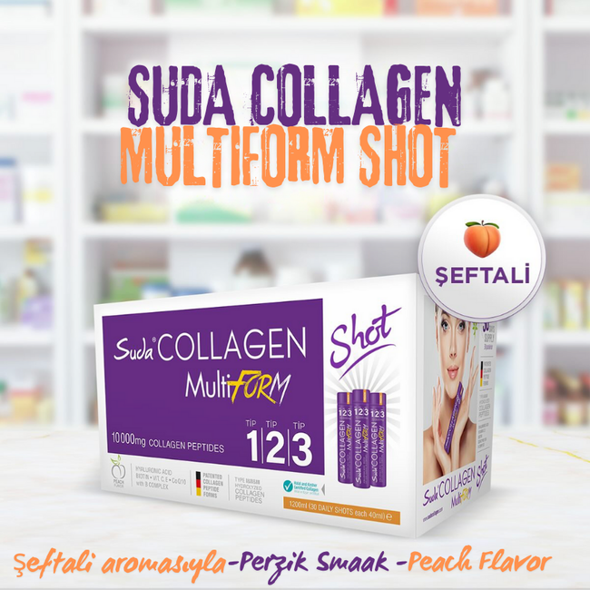 Suda    Collagen Multiform Shot Tipo 1-2-3 con Sabor a Melocotón – 30 x 40 ml (10.000 mg de colágeno)