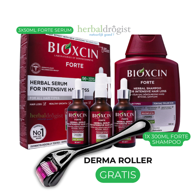 Bioxcin Forte Serum 3x50ml + 300ml Shampoo + Gratis Dermaroller