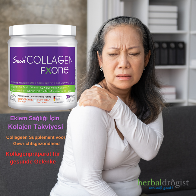 Suda   Collagen FXONE Poeder 390 g Appelsmaak | 10.000 mg Collageen Type I-II-III met FORTIGEL®, TENDOFORTE®, MSM, Glucosamine, Chondroïtine, Hyaluronzuur, Vitamine C, D3, K2 & Zink