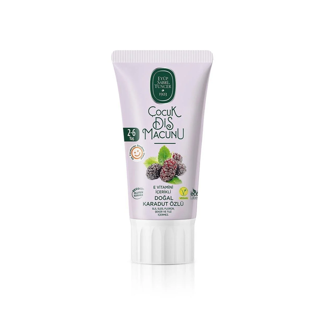 Eyup  Sabri Tuncer Dentifrice Enfant Mûre Noire 60 ml | 2-6 Ans | Sans Fluor, Sans Sucre et Sans Gluten pour une Hygiène Bucco-Dentaire Quotidienne