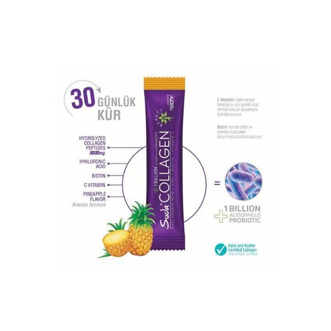 Suda   Collagen Ananas Sachets 30x10 g | 8.000 mg Collageen Type I & III met Vitamine C, Hyaluronzuur, Zink, Biotine & Lactobacillus acidophilus