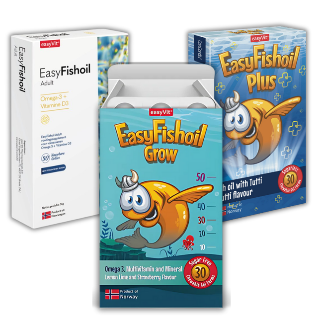 EasyVit EasyFishoil Omega-3 y Aceite de Pescado – Paquete 3 en 1: PLUS Niños, GROW Crecimiento, OMEGA-3 Adultos
