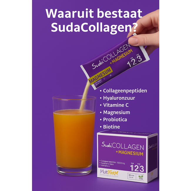 Suda   Collagen Multiform Magnesium 450 g | 30 Sachets – 10.000 mg Collageen Type I-II-III met VERISOL®, FORTIGEL®, TENDOFORTE®, 250 mg Magnesium, Hyaluronzuur, Vitamine C, Zink & Biotine