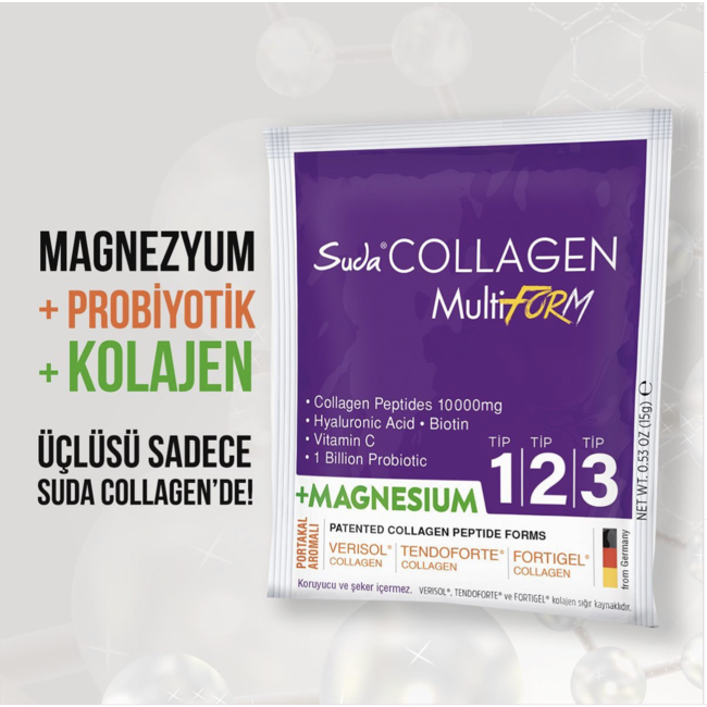 Suda   Collagen Multiform Magnesium 450 g | 30 Sachets – 10.000 mg Collageen Type I-II-III met VERISOL®, FORTIGEL®, TENDOFORTE®, 250 mg Magnesium, Hyaluronzuur, Vitamine C, Zink & Biotine