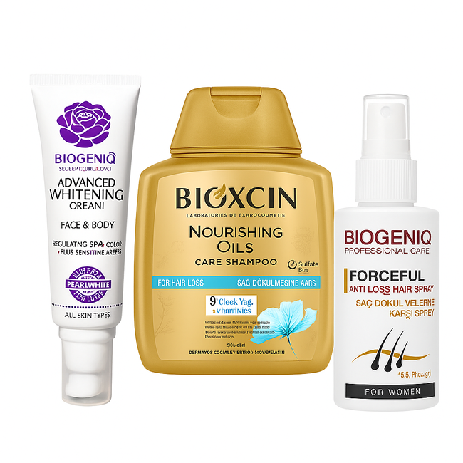 Herbal Drogist Bioxcin Verzorgingsset – Biogeniq Whitening Cream + Anti-Haaruitval Spray + Bioxcin Voedende Shampoo (Voor Vrouwen)