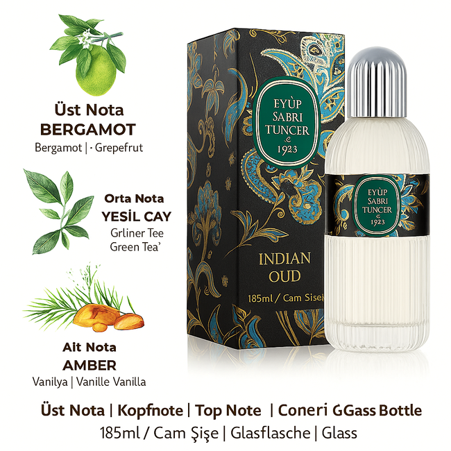 Eyup  Sabri Tuncer Eau de Cologne Indian Oud 185 ml – Bouteille en Verre | La Magie de la Fraîcheur Orientale