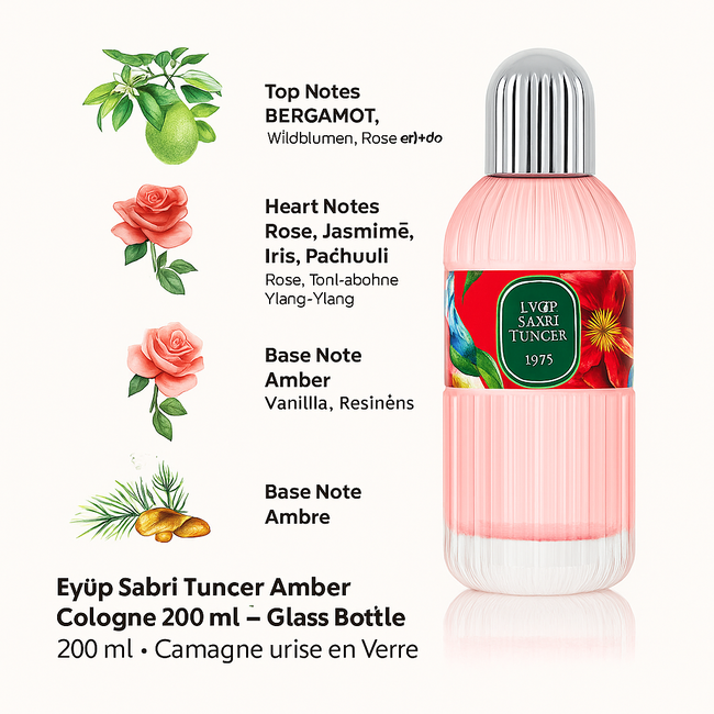 Eyup  Sabri Tuncer Amber Eau de Cologne 200 ml – Glazen Fles | De Elegantie van Bloemen & De Warmte van Amber
