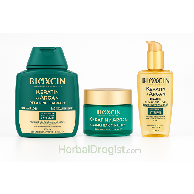Bioxcin Keratin & Argan Coffret de Soin Capillaire 675 ml – Shampoing 300 ml + Huile Capillaire à l'Argan 150 ml + Masque Capillaire 225 ml – Soin contre la Chute des Cheveux et les Cheveux Abîmés