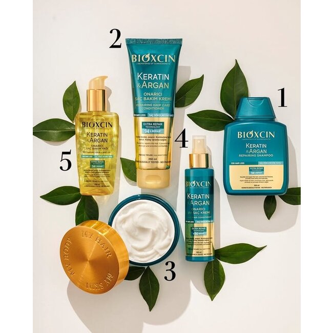 Bioxcin Keratin & Argan Hair Care Set | Shampoo 300 ml + Hair Oil 150 ml + Hair Cream 250 ml + Conditioner 150 ml + Hair Mask 225 ml — Bio-Herbal Anti-Hair Loss & Intensive Repair