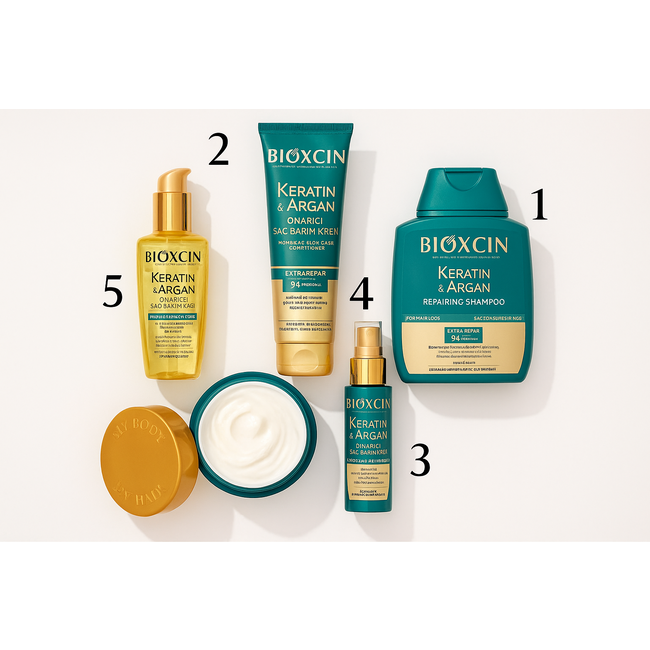 Bioxcin Set de Cuidado Capilar  Keratin & Argan | Champú 300 ml + Aceite 150 ml + Crema 250 ml + Acondicionador 150 ml + Mascarilla 225 ml — Tratamiento Anticaída & Reparación Intensa