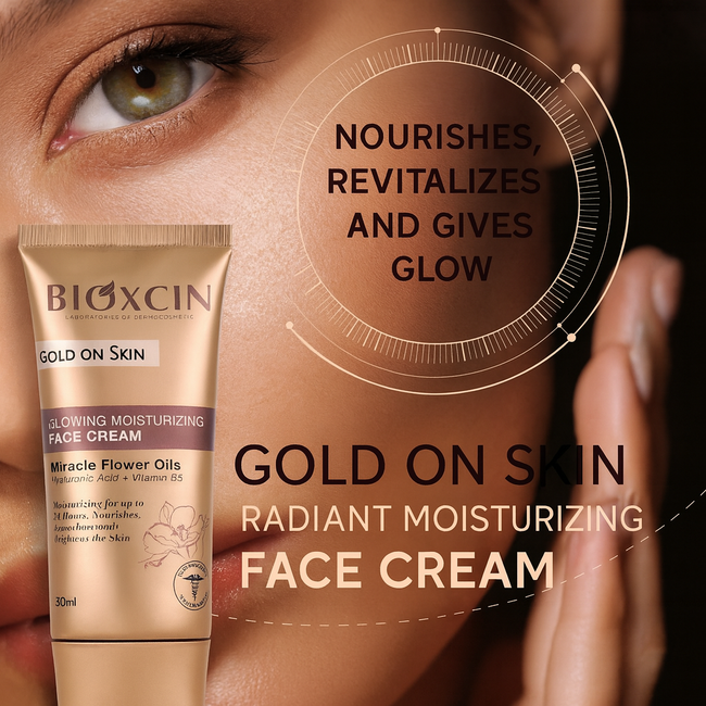 Bioxcin Gold On Skin Işıltılı Yüz Kremi 50 ml – Hyalüronik Asit ve Mucizevi Yağlarla Derin Nem ve Parlaklık