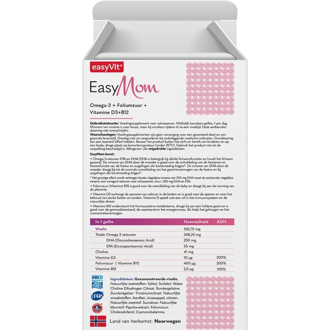EasyVit-EasyFishOil EasyMom EasyFishoil Omega-3 visolie voedingssupplement voor volwassenen – Omega-3 + Foliumzuur + Vitamine D3 + Vitamine B12 – Zachte kauwgellies voor (aanstaande) mama’s