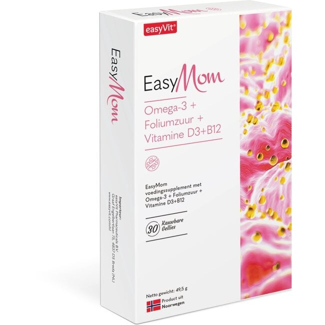 EasyVit EasyMom EasyFishoil Omega-3 suplemento alimenticio de aceite de pescado para adultos – Omega-3 + Ácido Fólico + Vitamina D3 + Vitamina B12 – Gominolas masticables para futuras mamás