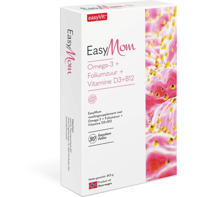 EasyVit EasyMom EasyFishoil Omega-3 visolie voedingssupplement voor volwassenen – Omega-3 + Foliumzuur + Vitamine D3 + Vitamine B12 – Zachte kauwgellies voor (aanstaande) mama’s