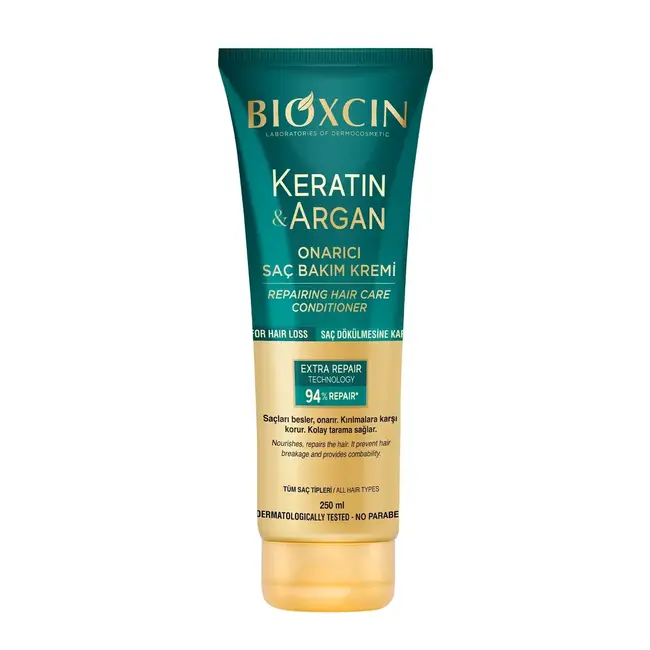 Bioxcin Keratin & Argan Haarpflegeset für Frauen – Shampoo 300 ml, Spülung 250 ml, Haarmaske 225 ml, Biogeniq Serum 60 ml