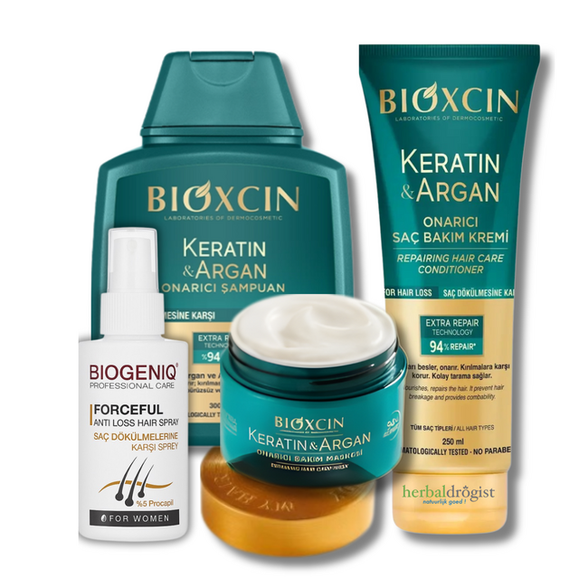 Bioxcin Keratin & Argan Coffret Soin Capillaire pour Femmes – Shampooing 300 ml, Après-shampooing 250 ml, Masque Capillaire 225 ml, Biogeniq Sérum 60 ml