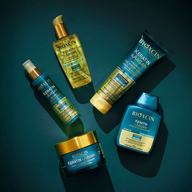 Bioxcin Keratin & Argan Haarverzorgingsset | Shampoo 300 ml + Haarolie 150 ml + Haarcrème 250 ml + Conditioner 150 ml + Haarmasker 225 ml — Bio-Herbal Anti-Haaruitval & Intensieve Haarverzorging