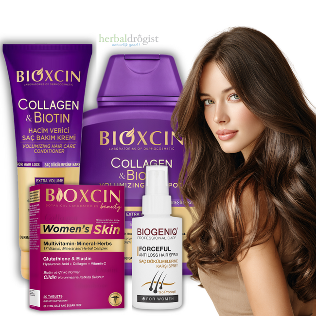 Bioxcin Kolajen & Biotin Kadınlara Özel Bakım Seti – Şampuan 300 ml, Hacim Veren Saç Kremi 250 ml, Women’s Skin 30 Tablet & Saç Dökülmesine Karşı Sprey 60 ml