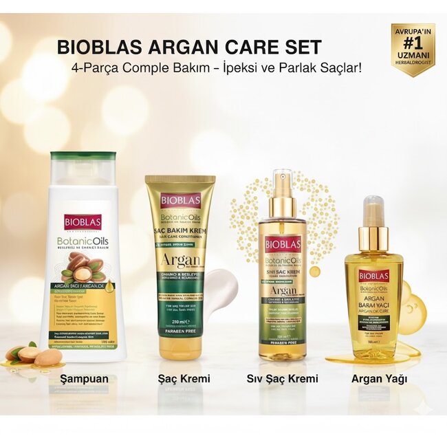 Bioblas Argan 4’lü Bakım Seti – Şampuan + Argan Yağı + Sıvı ve Normal Saç Kremi – Profesyonel Onarım ve Işıltı Veren Etki