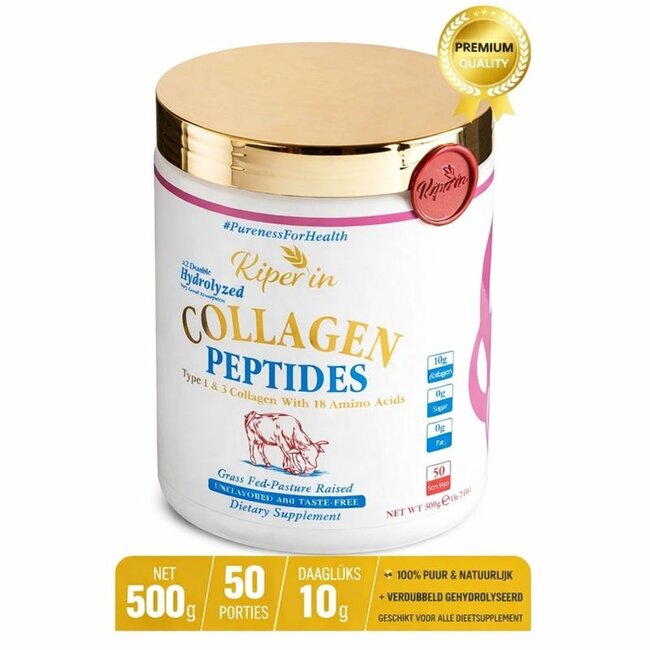 Kiperin Peptides de Collagène  500g (50 Jours) – 10g par Portion, Collagène Bovin Grass-Fed 100% Pur, Hautement Bioactif & Sans Sucre – Complément Alimentaire