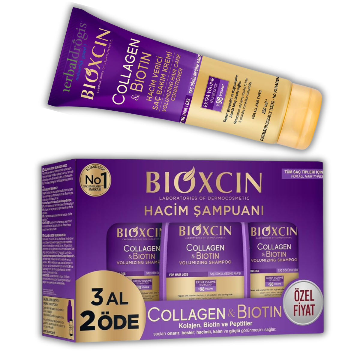 Biotin & Collagen Şampuan 3x300 ml ve Saç Kremi 250 ml Seti