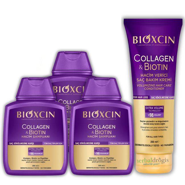 Bioxcin Biotine & Collageen Shampoo 3x300 ml en Haarconditioner 250 ml Set – Voor Sterk, Vol en Gezond Uitziend Haar