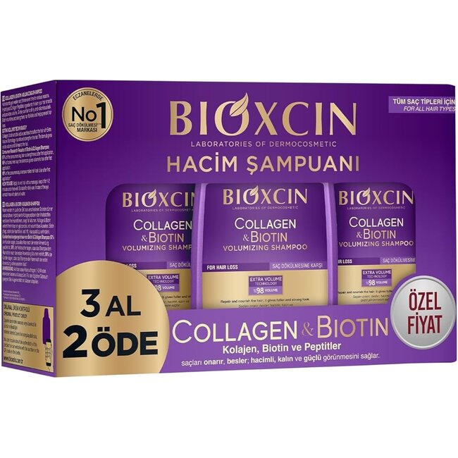 Bioxcin Biotin & Collagen Shampooing Set 3x300 ml + Crème Capillaire 250 ml | Ensemble de Soin Capillaire Fortifiant, Volumisant et Nourrissant