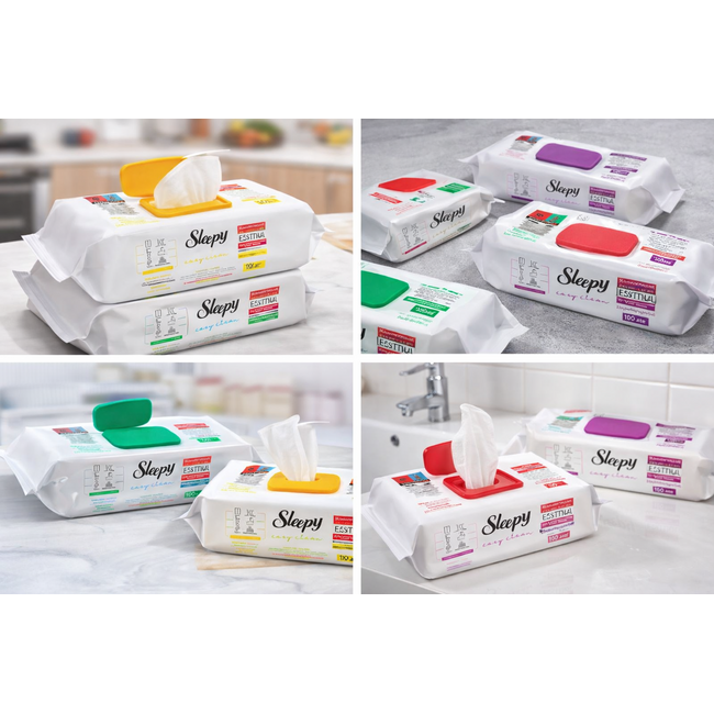 Sleepy Easy Clean Toallitas Húmedas de Limpieza 6 x 100 – Verde, Azul, Amarillo, Flor de Cerezo, Ramo de Lirios y Orquídea – Para Cocina, Baño y Todas las Superficies