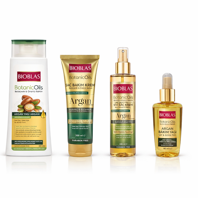 Bioblas Set de Cuidado Argán (4 piezas) – Champú + Aceite de Argán + Acondicionador Líquido y Crema – ¡Brillo y Reparación Total!