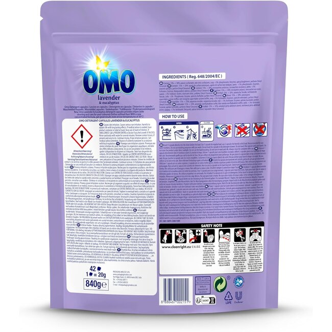 OMO Cápsulas de Detergente Lavanda & Eucalipto 42 Dosis – Fórmula Concentrada con Eliminación Eficaz de Manchas y Aroma Fresco