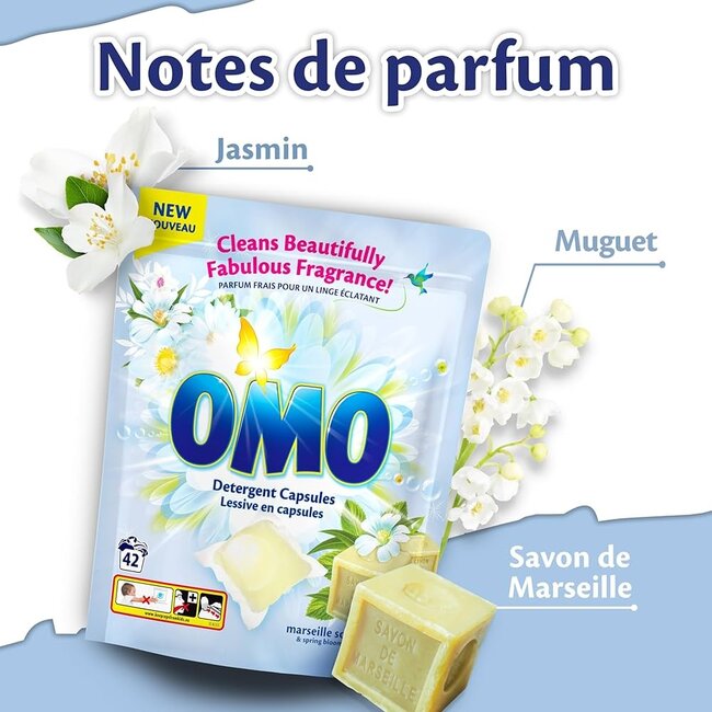 OMO Laundry Capsules Marseille Soap 42 Washes 840 g – Concentrated Detergent Pods with Strong Stain Removal and Classic Fresh Scent