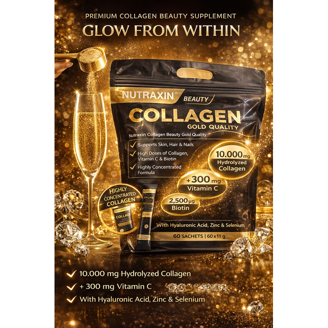 Nutraxin   Collagen Gold Quality 60 Sobres 10.000 mg Colágeno Hidrolizado Tipo 1 & 3 – Con Vitamina C, Ácido Hialurónico, Zinc y Biotina – Sabor Piña Pack Ventajoso