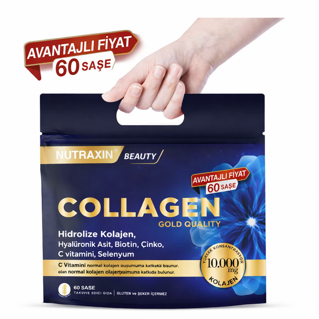 Nutraxin   Collagen Gold Quality 60 Saşe 10.000 mg Tip 1 & Tip 3 Hidrolize Kolajen – Hyalüronik Asit, Vitamin C, Çinko İçeren Ananas Aromalı Avantajlı Çanta Set