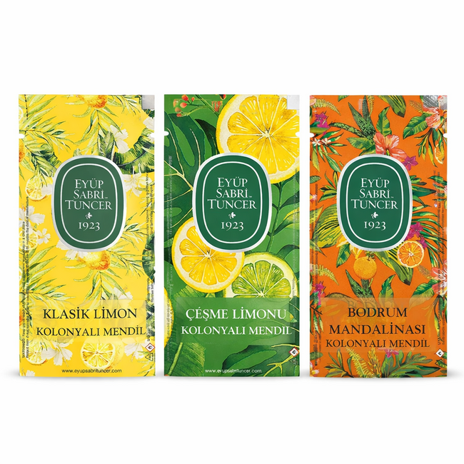 Eyup  Sabri Tuncer Set de Lingettes Eau de Cologne 150 Pièces (Mandarine Bodrum + Citron Çeşme + Citron Classique) Petit Format 3x50 Pack Avantage