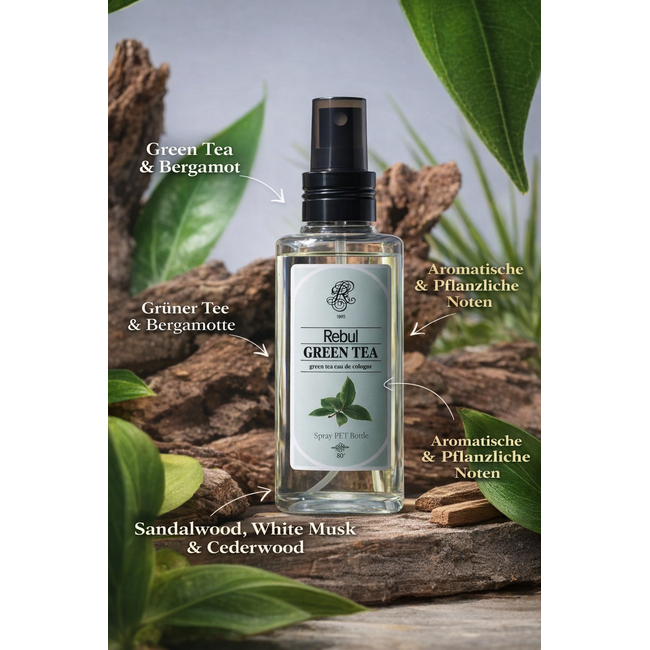 Rebul Green Tea Eau de Cologne 125 ml Spray PET Bottle – Green Tea with Soft Floral and Herbal Accents – 80° Alcohol – Cruelty Free