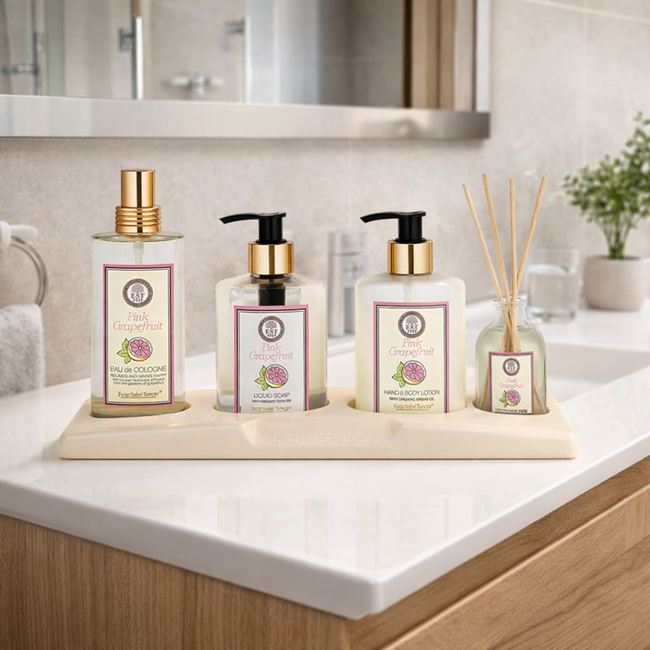 Eyup  Sabri Tuncer EST 1923 Pink Grapefruit Coffret Soin 4 Pièces – Parfum Agrumes & Pamplemousse Rose – Avec Plateau Plexi Décoratif