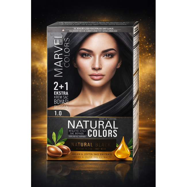 Marvel   Natural Colors 1.0 Negro Natural Tinte en Crema Permanente 2+1 Set Extra con Extracto de Argán y Aceite de Oliva, Incluye Crema Oxidante, Champú Post-Coloración y Mascarilla Nutritiva, 100% Cobertura de Canas