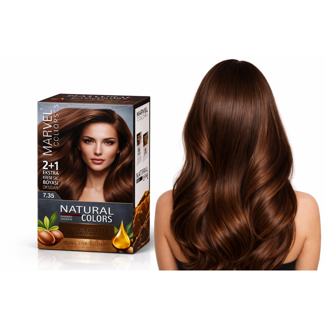 Marvel   Natural Colors 7.35 Cocoa Coffee Tinte en Crema Permanente – Marrón Café Cálido con Reflejos Cobrizos – 100% Cobertura de Canas – Incluye Crema Oxidante, Champú de Cuidado y Mascarilla Nutritiva