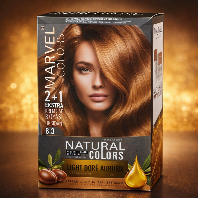 Marvel   Natural Colors 8.3 Light Doré Auburn Coloration Crème Permanente 2+1 – Enrichie en Huile d’Argan et Extrait d’Olive – Brillance Intense et 100 % Couverture des Cheveux Blancs