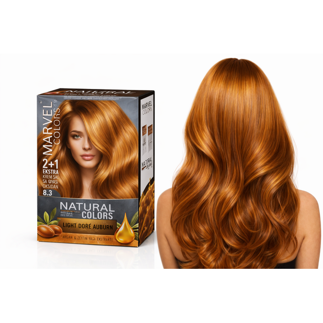Marvel   Natural Colors 8.3 Light Doré Auburn (Açık Dore Kumral) Kalıcı Krem Saç Boyası 2+1 Set – Argan ve Zeytinyağı Ekstraktlı – Yoğun Parlaklık ve %100 Beyaz Kapatma