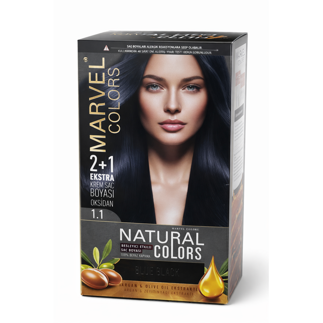 Marvel   Colors Natural Colors 1.1 Blue Black Coloration Crème Permanente 2+1 – Noir Bleuté Intense – 100% Couverture des Cheveux Blancs – Enrichie en Huile d’Argan et Extrait d’Olive