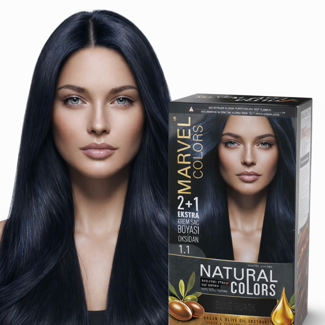 Marvel   Natural Colors 1.1 Blue Black Kalıcı Krem Saç Boyası 2+1 Set – Yoğun Mavi Siyah – %100 Beyaz Kapatma – Argan ve Zeytinyağı Ekstraktlı Besleyici Formül