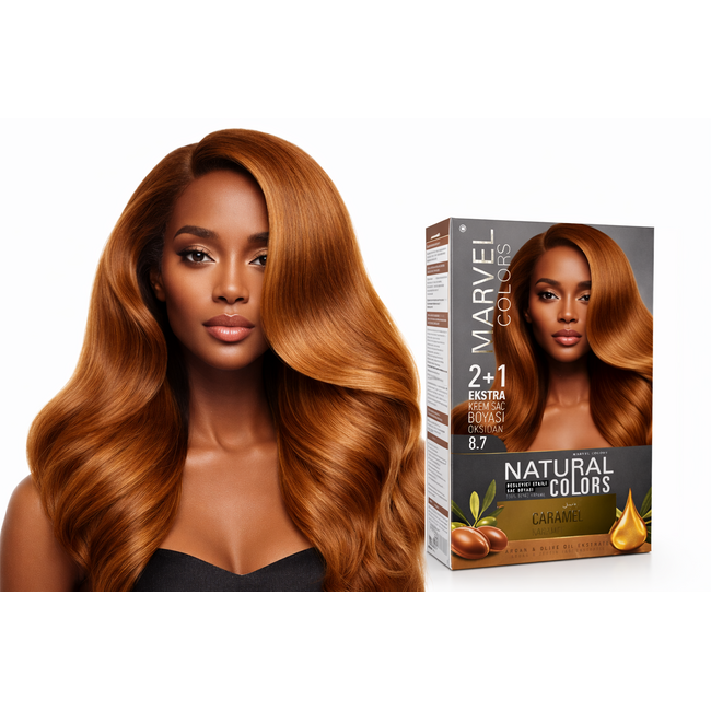 Marvel   Natural Colors 8.7 Caramel Permanent Cream Hair Dye 2+1 Set – Enriched with Argan Oil & Olive Oil Extract – Intense, Shiny and Long-Lasting Color – 100% Grey Coverage